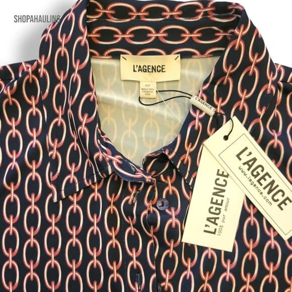 L'Agence - Harmony printed stretch chain motiff blue pink blouse - Size Small - Picture 7 of 11